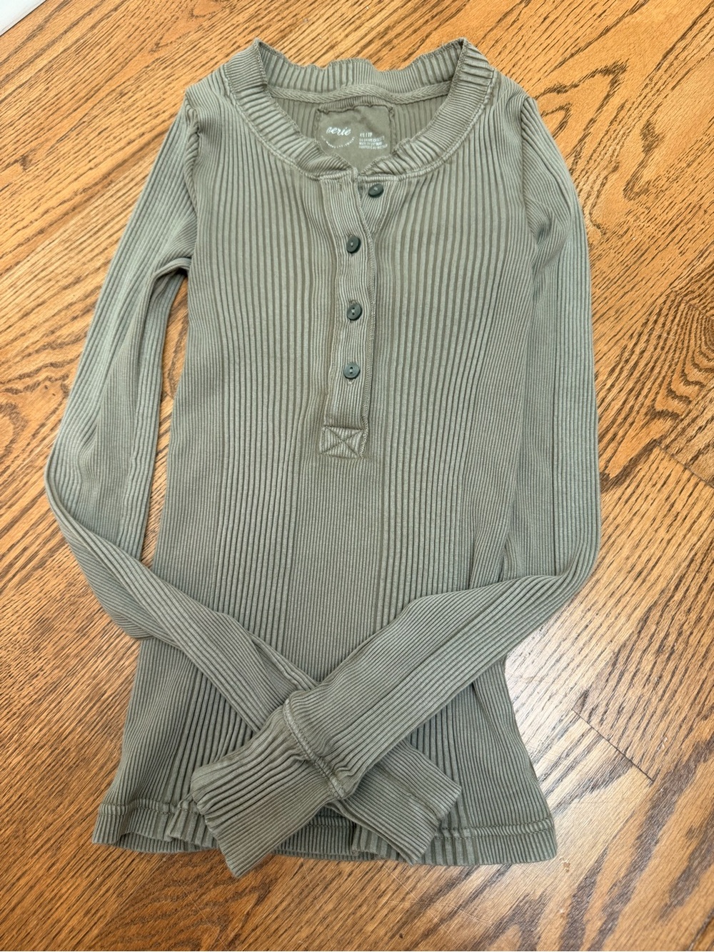 aerie Olive Ribbed Henley Long Sleeve Top